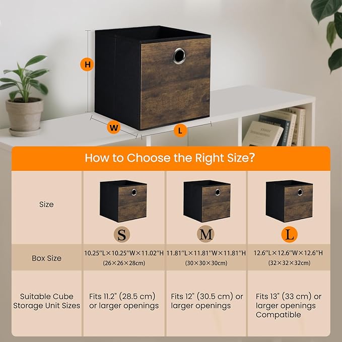 4 Pack Durable Storage Cube Bin with Decorative Wood Grain,Stylish Thickened Fabric Cube Box,Space-saving Storage Basket for Shelves,Closet,Office,Bedroom,Living Room,Nursery,Dorm,RV,13x13x13in(Large)