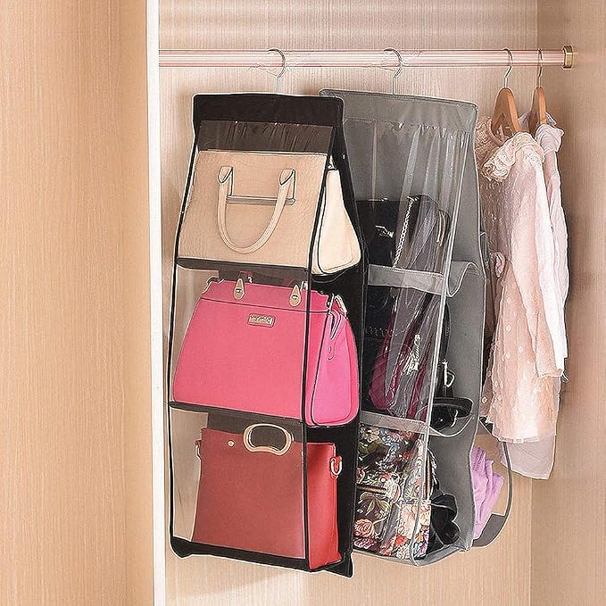 DIOMMELL Hanging handbag Organizer Storage Holder Purse Clutch hanger bags for Closet Wardrobe with 6 Larger Pockets, Black
