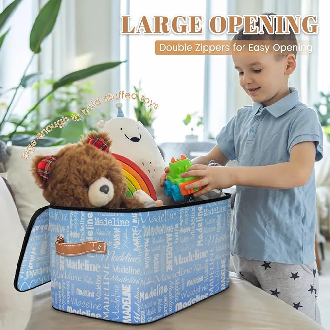 Custom Storage Basket with Name, Personalized Keepsake Box with Zipper Lid, Foldable Fabric Memory Bin Large capacity with Handle Blue