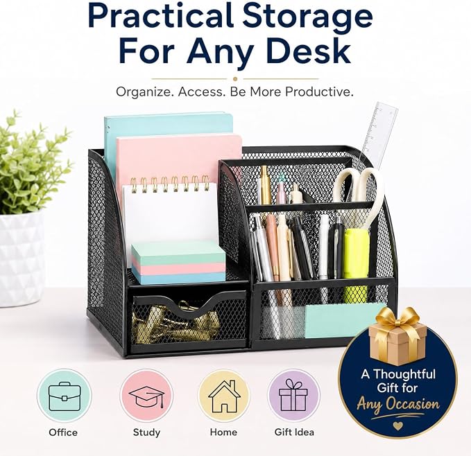 Exerz Desk Organizer Black Office Desk Accessories Supplies Office Storage Desktop Pencil Pen Holder with Drawer Home Workspace
