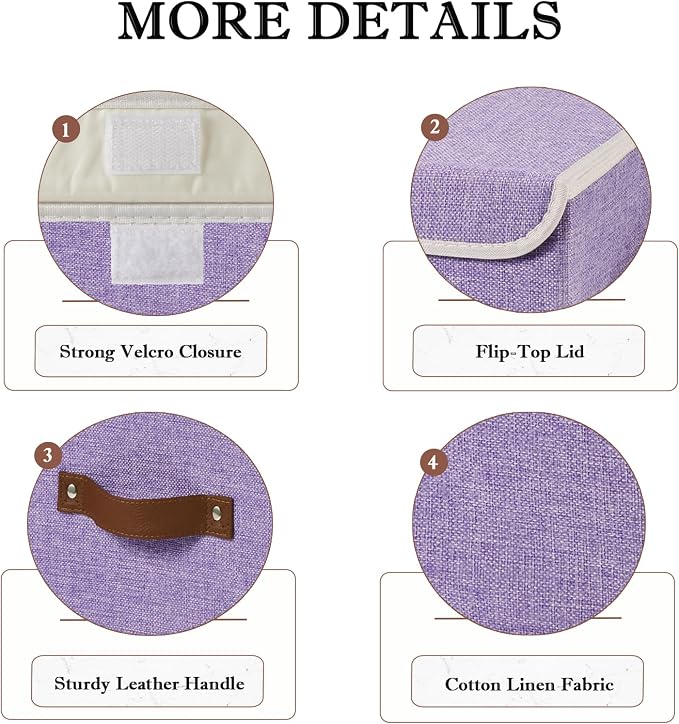 Collapsible Storage Boxes Baskets with Lid Cotton Linen Fabric Storage Bins with Faux Leather Handles Decor Washable Cube Organizer Container for Home Closet Bedroom (Purple, Large Size)