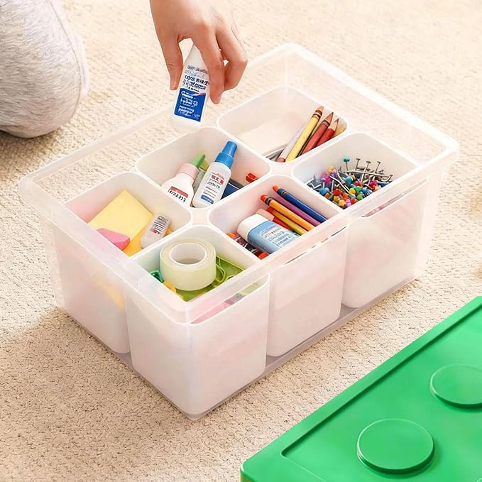 Plastic Storage Bins with Lids, Art Craft Supply Organizer Box with Brush Pot, Multipurpose Stackable Storage Containers for Organizing Tool, Craft, Crayon,Sewing (Green)