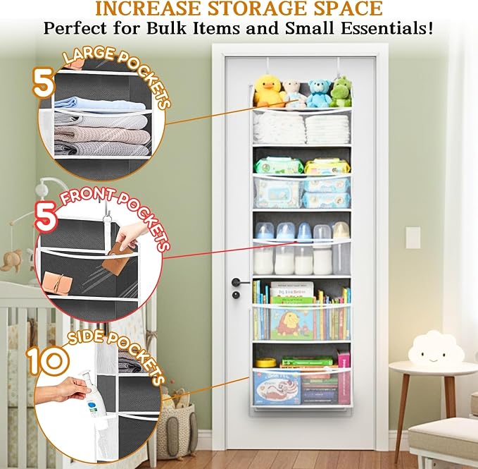 Ofiray-home Over Door Organizer with 5 Large Pockets | 5 Transparent Front Pockets & 10 Mesh Side Pockets, 50 lbs Weight Capacity Hanging Storage for Toys, Shoes, Diapers, Pantry