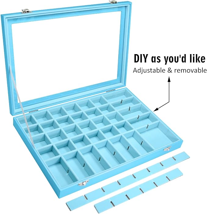 Siveit Jewelry Tray Organizer Box 48 Grid Jewelry Display Organizer Box with Transparent Lid Rings Earrings Necklaces Pendants Display Box Suitable for Women and Girls (48 Grid, Sky Blue)