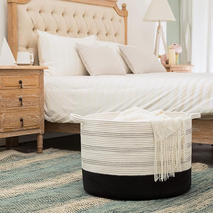 R RUNKA XXXLarge Cotton Rope Basket 22" X 22"X 14" Blanket Basket for Living Room Woven Basket Soft Baby Laundry Blanket Basket Nursery Bin Toy Basket with Handle White+Black