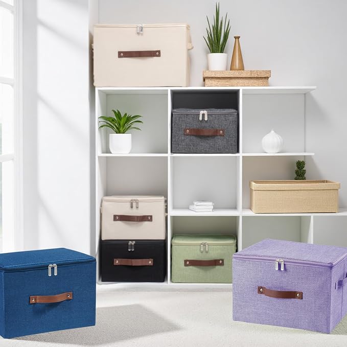 Storage Bins with Zipper Lid Foldable Fabric Lidded Storage Boxes Baskets Cubes Washable Collapsible PU Leather Handle Cotton Linen Shelves Closet Organizer Container(Dark Blue, Small Size)