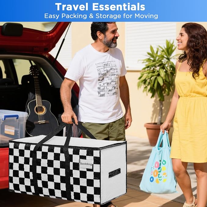 BETU 8 Pack Moving Bags Moving Storage College Dorm Camping Packing Travel PE Heavy Duty, Sturdy Handle, Zipper Large Storage Tote Bag Moving Boxes Box Alternative - White Plaid 29L x 15W x 15H