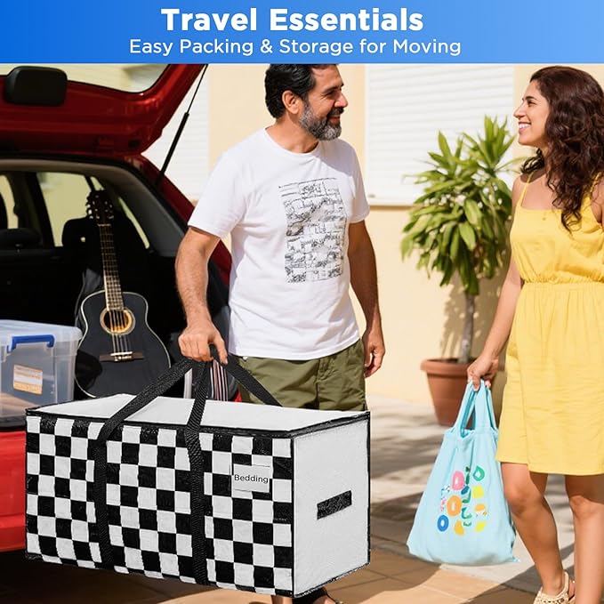 BETU 6 Pack Moving Bags Moving Storage College Dorm Camping Packing Travel PE Heavy Duty, Sturdy Handle, Zipper Large Storage Tote Bag Moving Boxes Box Alternative - White Plaid 29L x 15W x 15H