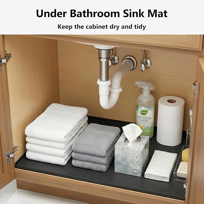 Mateeylife Under Sink Mats for Kitchen Waterproof 22"X19", Undersink Protectors，Silicone Mat Cabinet Liner, Under Sink Organizer for Bathroom and Kitchen，Boot Tray Pet Food Mat, Classic Black