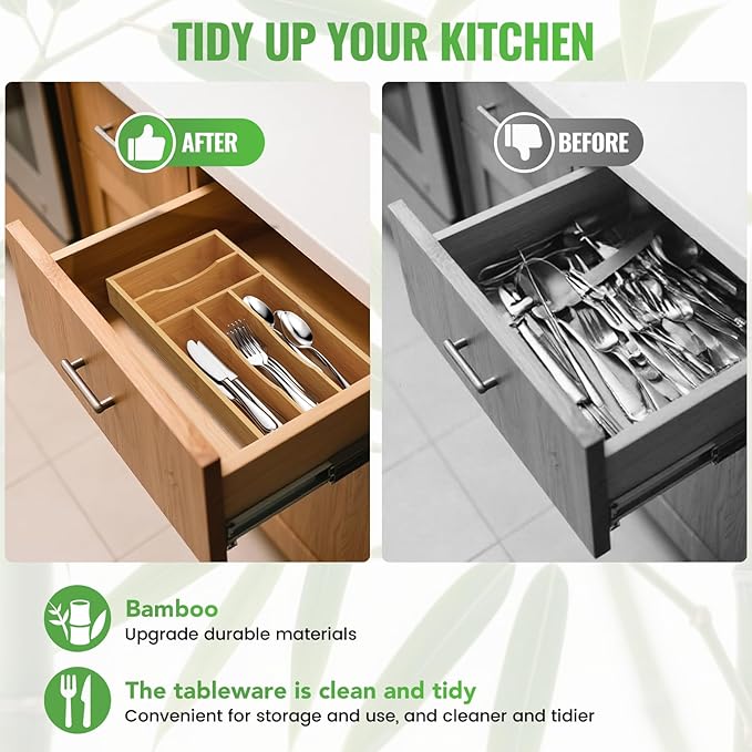 Small Silverware Organizer, Bamboo Kitchen Drawer Cutlery Organizer, Utensil Holder, Flatware Organizer Tray (6.7"x14.2"x1.6")