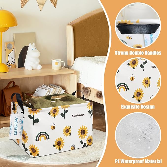Rectangular Collapsible Sunflower Storage Basket Nursery Organizer | Storage Bin Foldable Canvas with Handles for Organizing Home Kitchen Children Toys Office Closet Shelf Baskets