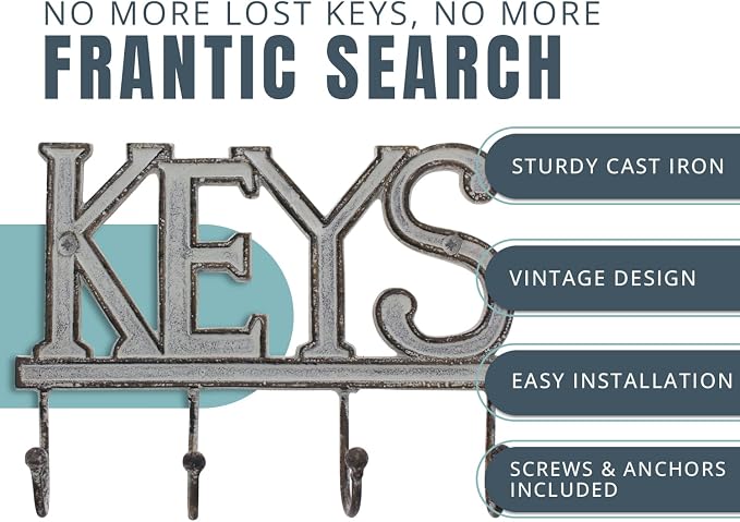 Comfify White Cast Iron Key Holder for Wall – Keys Sign with 4 Hooks | Clean white antique finish; mounting hardware included; entryway, hallway or door; 6"H x 8"L; holds 8 keychains