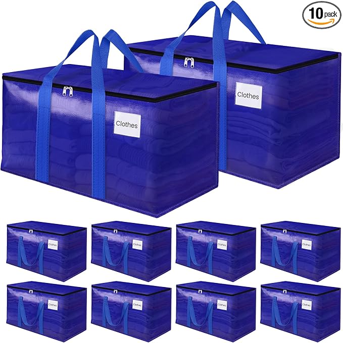 FabSpace 10Pack Moving Storage Bags, Moving Supplies Packing Boxes for Moving, Camping, College Dorm Room Essentials for Girls, Blue Tote Bags, 76L Heavy-Duty Storage Bins With Lids And Zippers