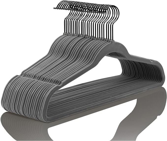 MIZGI Premium Velvet Hangers (50 Pack) Heavy Duty - Non Slip Felt - Gray Suit Hangers With Black Coated Hooks - Space Saving Clothes