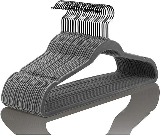 MIZGI Premium Velvet Hangers (50 Pack) Heavy Duty - Non Slip Felt - Gray Suit Hangers With Black Coated Hooks - Space Saving Clothes