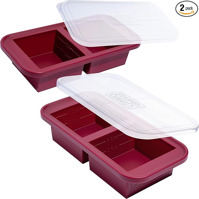 Souper Cubes 2 Cup Freezer Tray with Lid, Cranberry, 2-Pack | 100% Platinum-Cured Silicone Freezer Cubes, Oven and Microwave Safe, Perfect for Freezing Lasagna, Casseroles and More