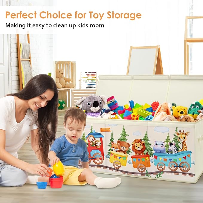 Large Toy Box Chest Organizer with Flip Lid for Kids, Collapsible Oxford Toy Storage Box with Handles for Boys Girls, Sturdy Waterproof Storage Organizer for Bedroom Playroom Nursery, 37.7×12.5×15.7''