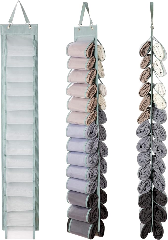 DHSFKBE Legging Organizer Storage, T-Shirt Hanging Closet Hanging Clothes Organizer with 26 Roll Compartments for Yoga Pants, Tank Top, Towel, Underwear, Shirt (Grey)