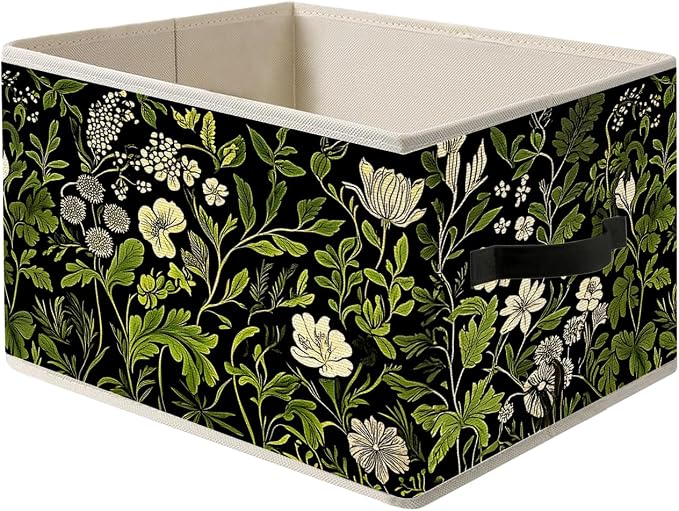 Vintage Dark Green Floral Plant Storage Bin Box with Handles, Cottagecore Flower Botanical Foldable Organizer Basket Toybox for Girls Room Bedroom Bathroom Clothes Toys Books