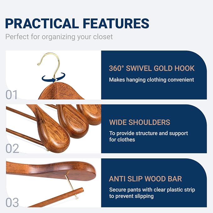 Amber Home 6 Pack Wide Shoulder Wooden Suit Hangers, Vintage | Antique Wood Coat Hangers with Non Slip Pants Bar, Clothes Hangers for Jackets, Sweaters, Pants & Heavy Clothes