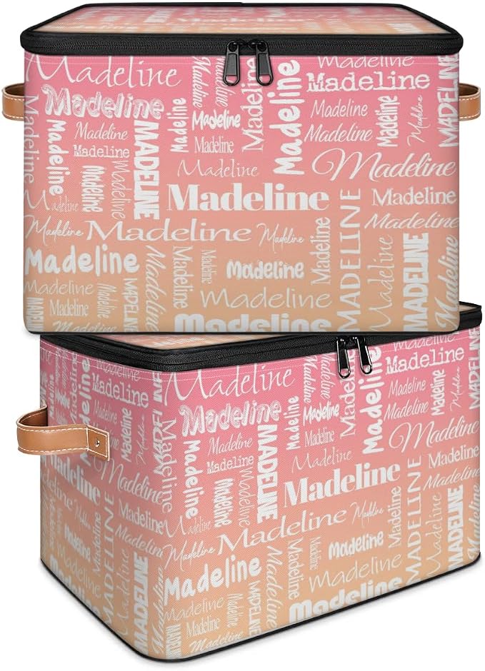 Custom Storage Basket with Name, Personalized Keepsake Box with Zipper Lid, Foldable Fabric Memory Bin Large capacity with Handle Pink Apricot