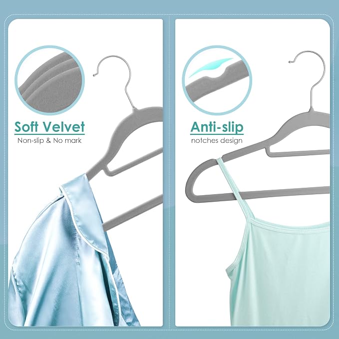 DUDUCOFU Velvet Hangers Non Slip Felt Hangers, 50 Pack Grey Velvet Clothes Hangers Space Saving Slim with 360 Degree Swivel Hook for Suits Coats, Jackets, Pants, and Dress Clothes