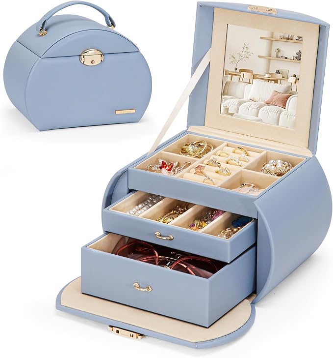 Homde Girls Jewelry Box Jewelry Storage Case Organizer Faux Leather with Mirror for Rings, Earrings, Bracelets, Necklaces (Grey Blue) - Gifts for Mother's Day
