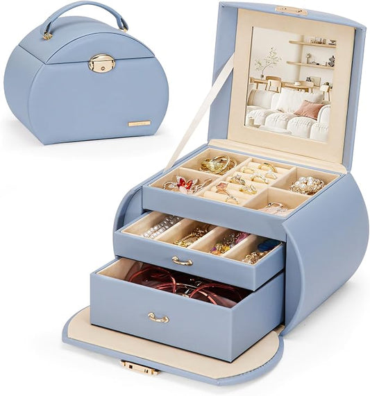 Homde Girls Jewelry Box Jewelry Storage Case Organizer Faux Leather with Mirror for Rings, Earrings, Bracelets, Necklaces (Grey Blue) - Gifts for Mother's Day