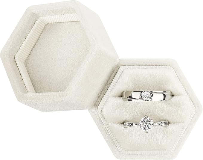 DesignSter Hexagon Velvet Ring Box - Premium Gorgeous Vintage Double Ring Display Holder with Detachable Lid for Proposal, Engagement, Wedding, Ceremony (Beige)