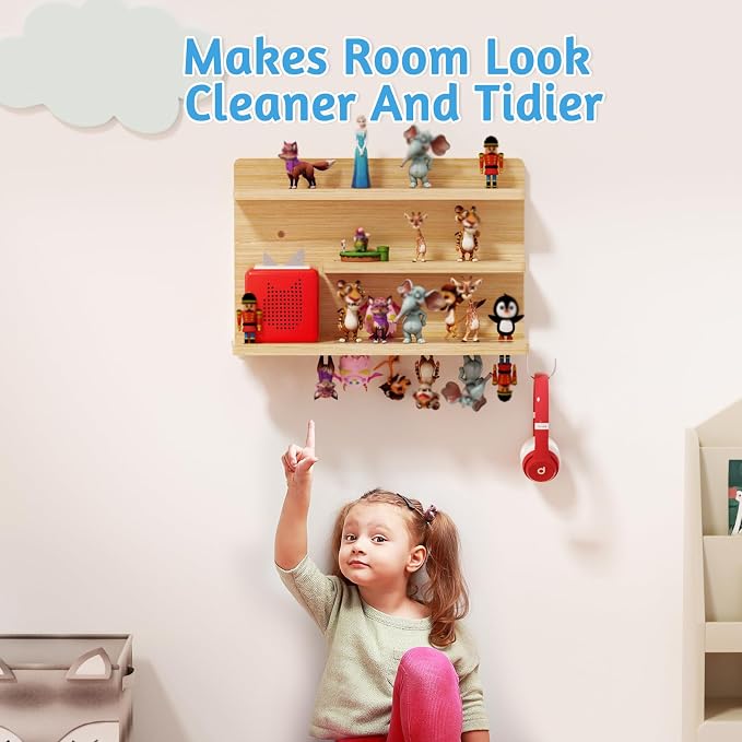 for Tonies Shelf Magnetic - 3 Tier Wooden Tonies Figure Organizer, Natural | Tonies Box Holder, Magnetic Display Shelf for Kids Room, Wall Floating Shelves Toy Storage Compatible Charging Station