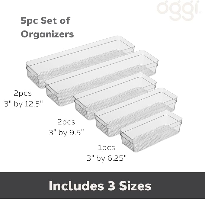 Oggi Set of 5 Clear Drawer Organizers - (1) 3x6.25, (2) 3x9.5, (2) 3x12.5 - Ideal for Organizing Kitchen Drawers, Office, Desk, Silverware, Kitchen Utensils, Cosmetics and Bathrooms
