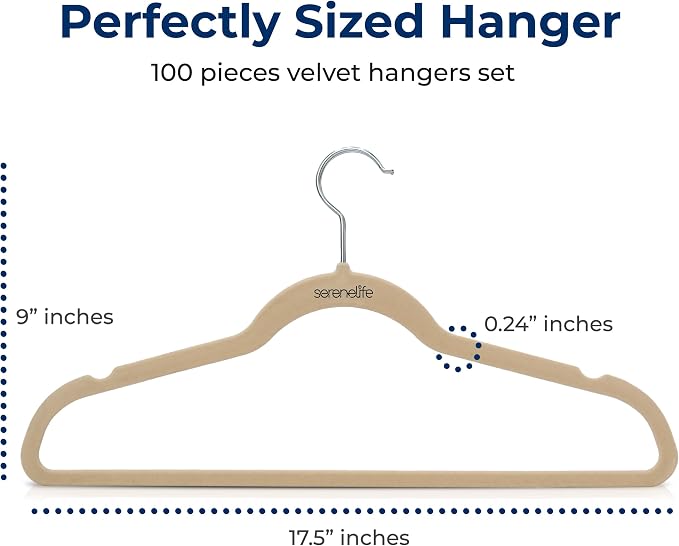 SereneLife Velvet Hangers – 100 Pack, Slim & Space Saving for Closets | Soft velvet grip prevents slipping on silk, satin & knitwear – 360° swivel hook fits all standard closet rods