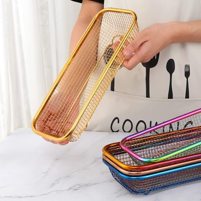 Kitchen Drawer Organizer, Stainless Steel Storage Container Metal Cabinet Storage Basket for Holding Silverware Kitchen Utensil, Pack of 2, Orange