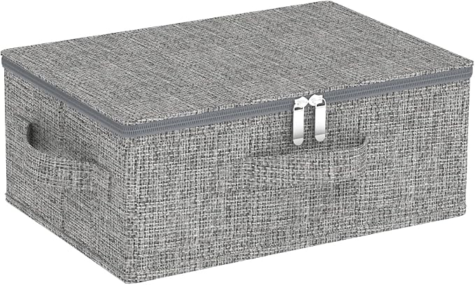 Foldable Underbed Storage Bins, Blanket Bags with Lid, Home Basket Container for Organizing Clothes, Shoes, Pillows, 14.9x10.2x5.9Inches, Grey, 1 Pack