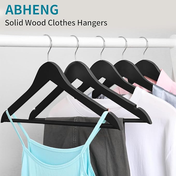 ABHENG 30 Pack Wooden Coat Hangers, 360° Swivel Hook, Suit Hangers with Anti-Slip Notches, Clothes Hangers for Jackets, Shirts, Dress, Black UAWY0530B