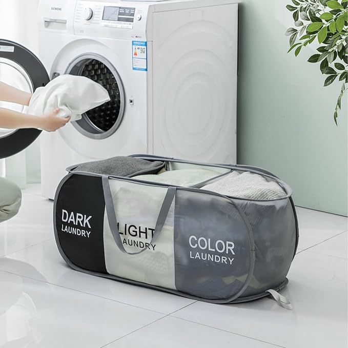TECHMILLY Collapsible Laundry Basket Durable Pop Up Hamper with 2 Compartments for Sort and Storage, Portable Dirty Clothes Hamper for Dorm, Laundry Room or Travel (Black + Grey + Begie)