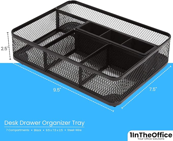 1InTheOffice Mesh Collection Desk Drawer Organizer Tray, Black, 7 Compartment
