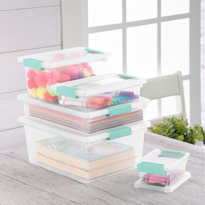 Sterilite 12-Pack Clip Box, Stackable Clear Plastic Bins with Latching Lids, Medium - Writing, Arts or Crafts Supplies Storage Containers for Home, Office, Classroom and Workshop Organization