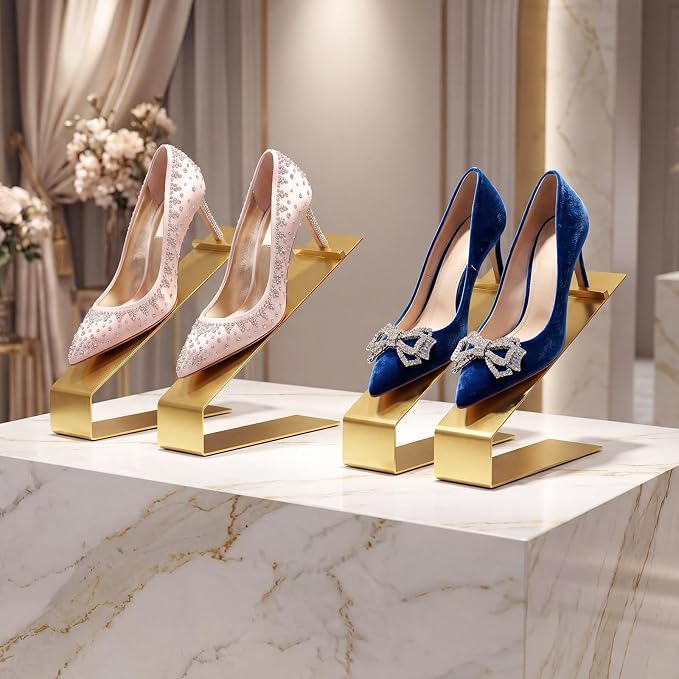 Therwen 8 Pcs Gold Shoe Display Stand Shoe Rack Stainless Steel Golden Metal Riser High Heel Display Rack Holder for Home Shopping Malls (Shape V Extended,Golden)