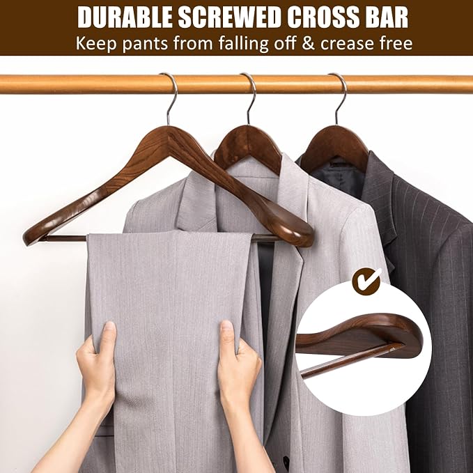 Amber Home 6 Pack Wide Shoulder Wooden Suit Hangers, Walnut | Walnut Wood Coat Hangers with Non Slip Pants Bar, Clothes Hangers for Jackets, Sweaters, Pants & Heavy Clothes
