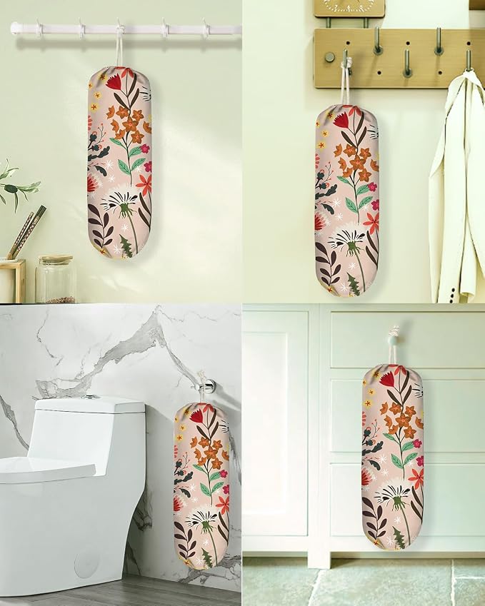Plastic Bag Holder Organizer - 1 Pack Reusable Canvas Grocery Bags Holder Hanging Wall Cute Aesthetic Shopping Bag Storage Dispenser with Drawstring Closure for Kitchen Home, Dandelion