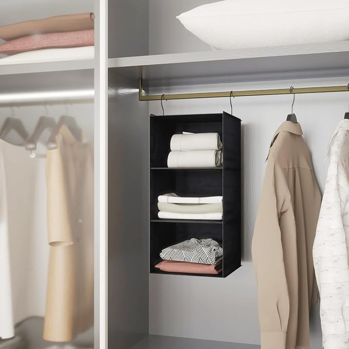 Hanging Closet Organizer 3-Shelf, Oxford Fabric Wardrobe Storage, Black | Easy-mount foldable design holds clothes, handbags, shoes & accessories; washable Oxford fabric, sturdy and space-saving.