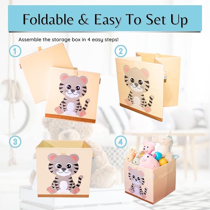 Washable Toy Organizers and Storage, Canvas Toy Chest Organizer Foldable Kids Toy Storage Organizers for Child's Bedroom or Playroom -13x13x13 Inch (Tiger Cub)