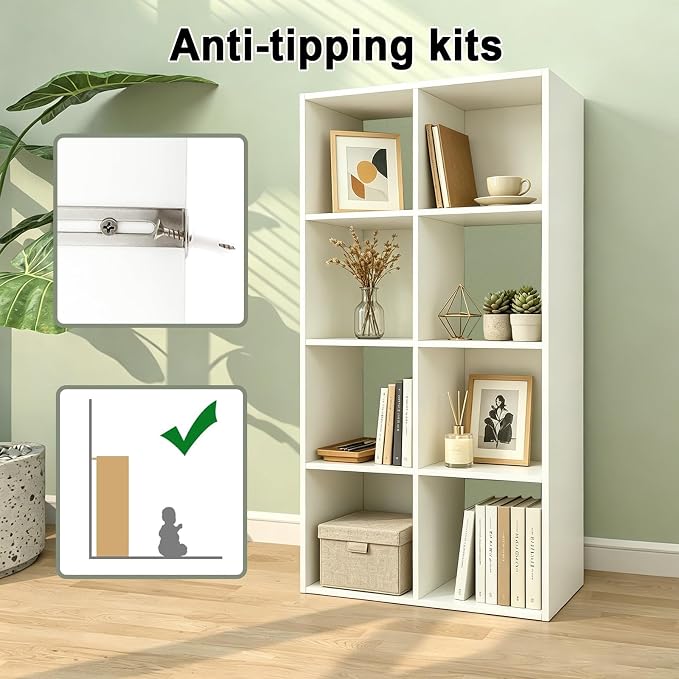 8 Cube Shelf with Anti-Tipping Kits + Reversible Open Back Bookcase, Multi Layer and Multi Grid Partition Layout (White 11in)