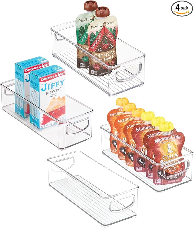 mDesign Plastic Stackable Small Organizing Bin Kitchen Pantry Cabinet, Refrigerator, Freezer Food Organization Storage Bins with Handles, Drawer Container Organizer, Ligne Collection, 4 Pack - Clear