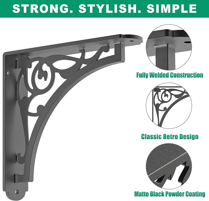 SELEWARE Black Heavy Duty Shelf Brackets, L 8" x H 8" x W 2" Wall Mount Decorative Shelving Brackets, 1/5" Thick Metal L Brackets with Mounting Hardware for DIY Floating Shelf (Classic A, 2 Pack)