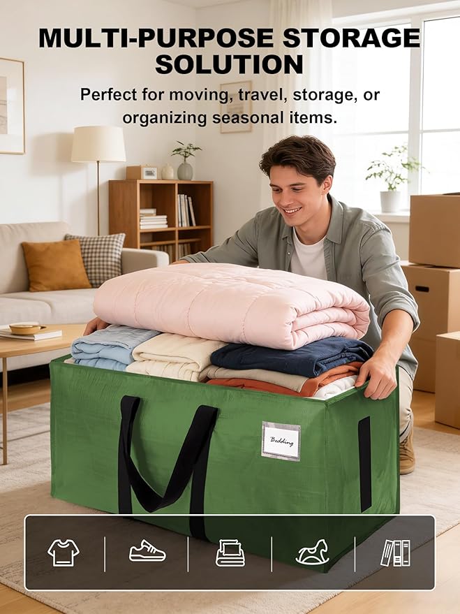 HOMESURE Supports 200lbs Heavy Duty Moving Bags - Strong Zipper & Wrap-Around Handles - Water-Resistant Storage Totes, Durable Alternative to Moving Boxes - 40 Pack - Olive Green