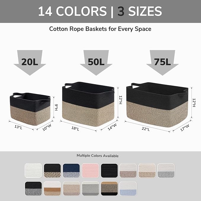 Goodpick Woven Storage Baskets for Organizing, Cotton Rope Organizer for Living Room, Closet Storage Bins for Toys Books, Rectangle Laundry Basket with Handles, 13"x10"x9", Black & Gray