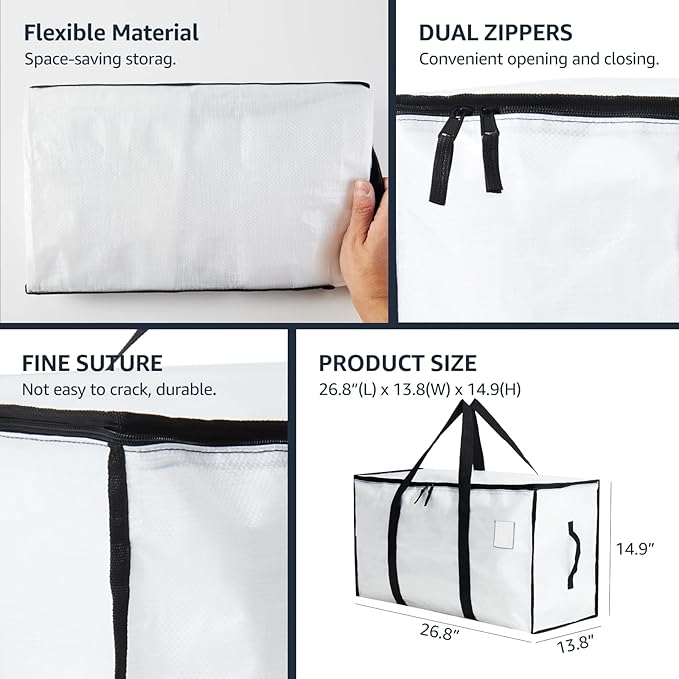 Moving Bags Heavy Duty Extra Large, Moving Boxes, Moving Supplies Essentials, Blue Storage Bins with Lids, Plastic Packing Totes, Storage Bags for Clothes with Handles & Zippers(White, 10 Pack)