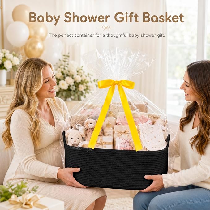 OIASKET Large Empty Cotton Rope Gift Basket with Handles, 16.5"x12.6"x7" Decorative Woven Storage Basket with Gift Bag and Ribbon Set for Baby Shower, Toy Organizer for Kids, Dogs & Cats - Black